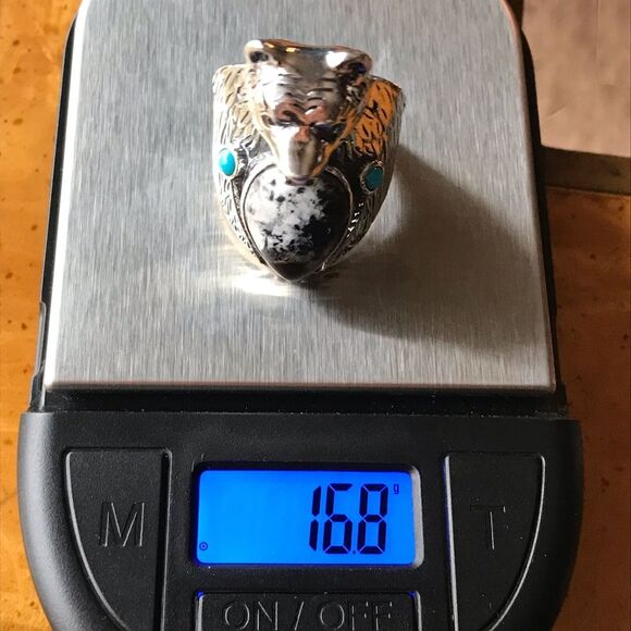 White Buffalo Turquoise Sterling Silver Bear Ring Size 10 - Picture 3 of 10